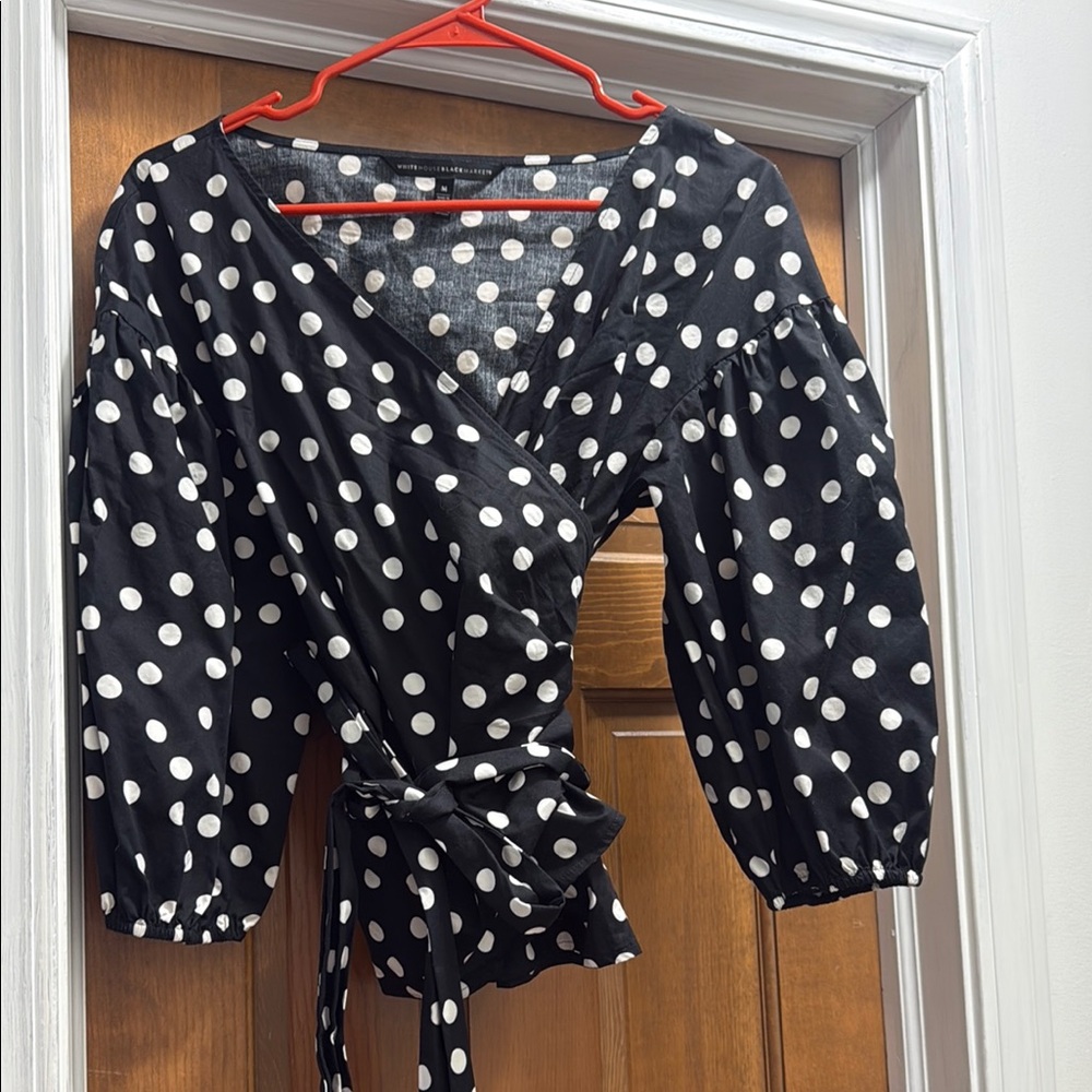White House Black Market Black Puff Sleeve Wrap Blouse